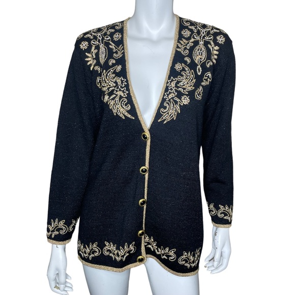Jaclyn Smith Sweaters - Vintage Jaclyn smith petites womens size S gold embroidered black cardigan